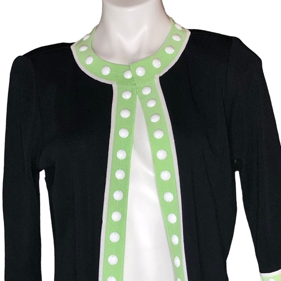 Ming Wang Black Knit Cardigan with Lime Green Trim and White Bead Accents - Picture 4 of 16